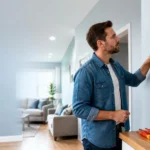 Homeowner learning electrical safety with visible electrical outlets, circuit breaker panel, and safe home environment