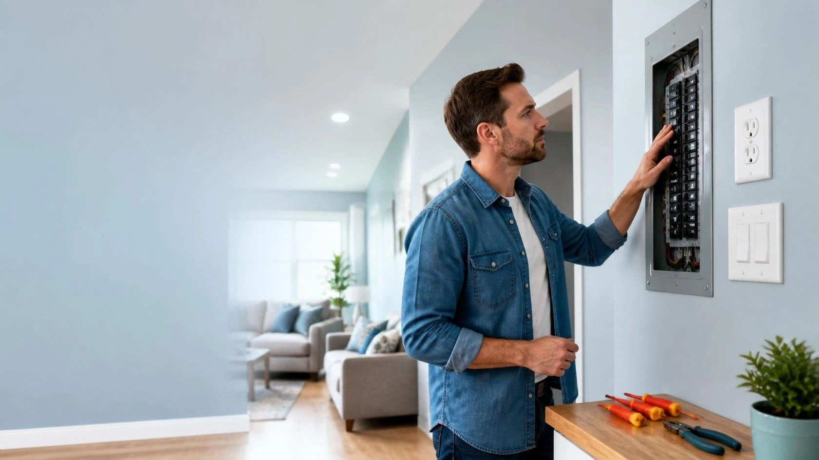 Homeowner learning electrical safety with visible electrical outlets, circuit breaker panel, and safe home environment