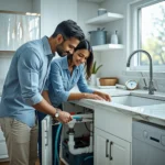 Homeowner inspecting a modern kitchen sink and plumbing fixtures while learning safe plumbing maintenance practices.