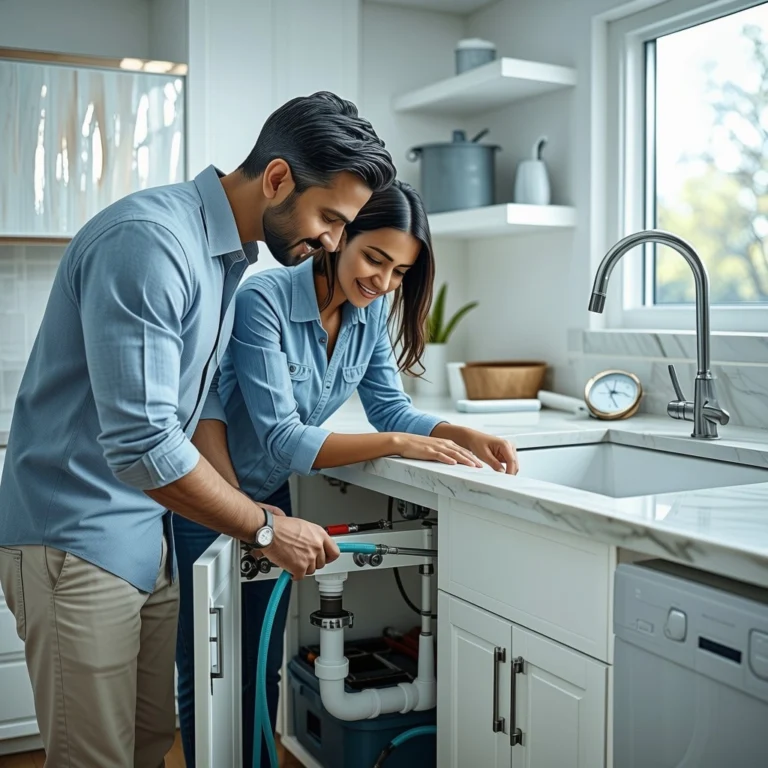 Homeowner inspecting a modern kitchen sink and plumbing fixtures while learning safe plumbing maintenance practices.