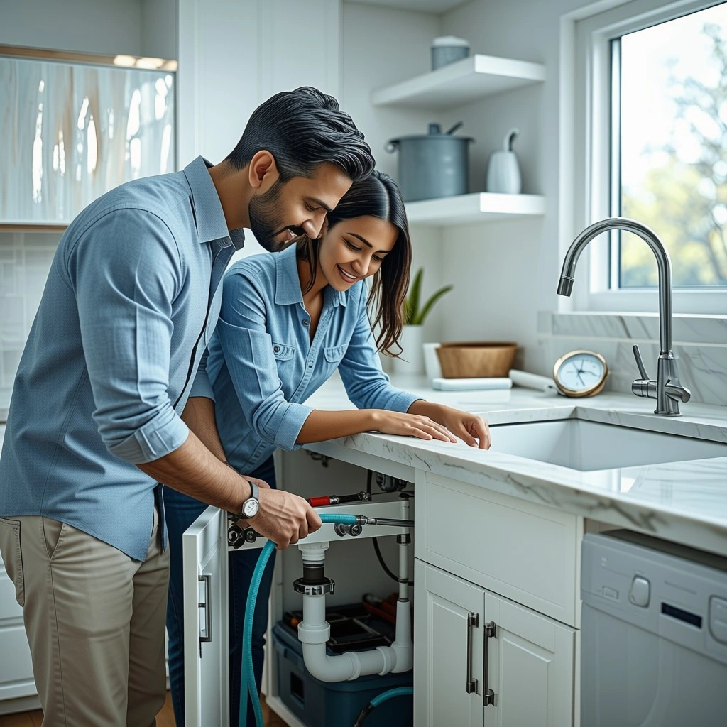 Homeowner inspecting a modern kitchen sink and plumbing fixtures while learning safe plumbing maintenance practices.